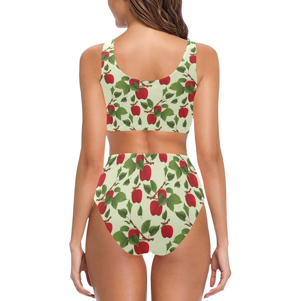 Red apples leaves pattern Chest Bowknot High Waisted Bikini Swimsuit