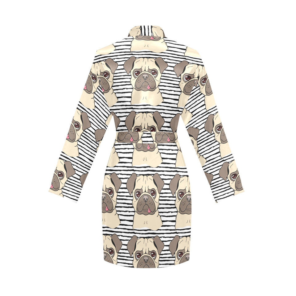 Happy pug pattern Women's Long Sleeve Belted Night Robe