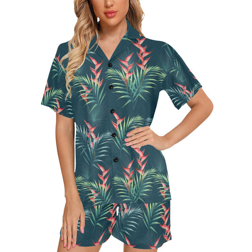 heliconia flowers, palm and monstera leaves on bla Women's V-Neck Short Pajama Set