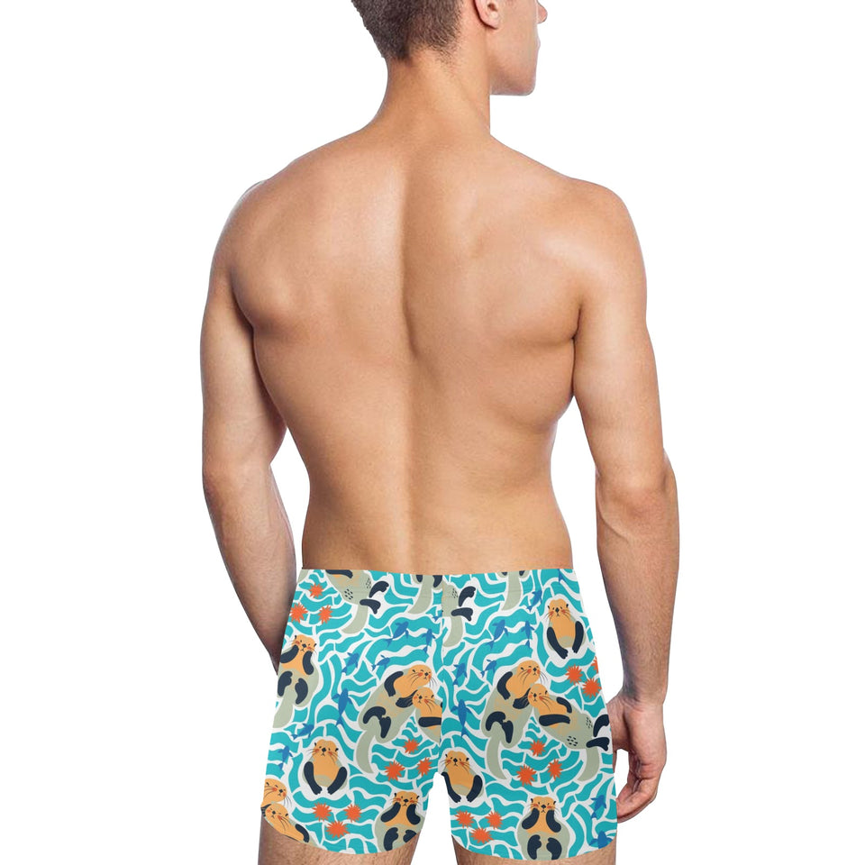 Cute sea otters fishe sea urchin pattern Men's Swimming Trunks