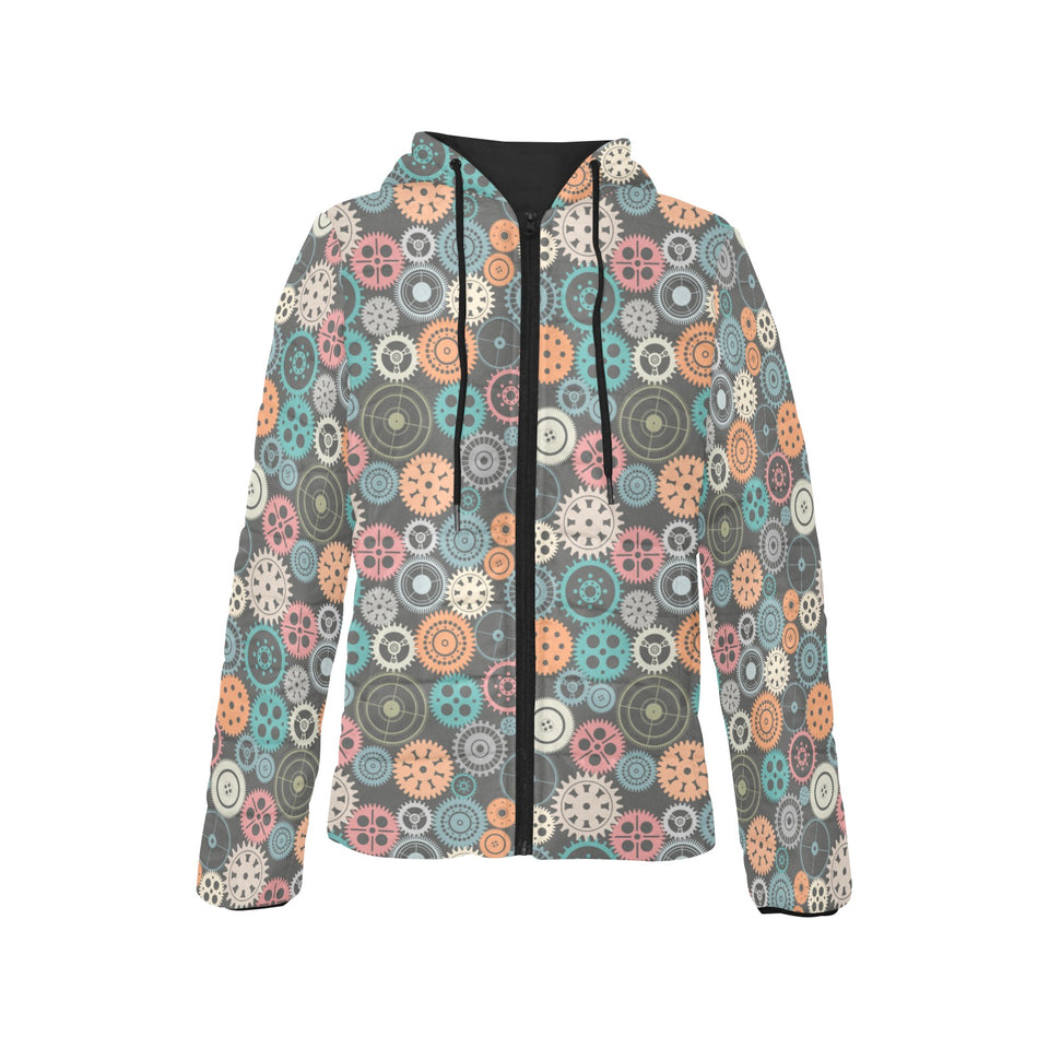 Gear Pattern Print Design 05 Women's Padded Hooded Jacket