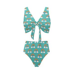 Rainbow pattern green background Chest Bowknot High Waisted Bikini Swimsuit