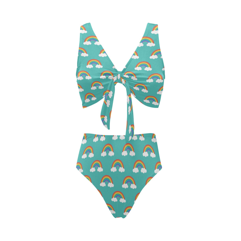 Rainbow pattern green background Chest Bowknot High Waisted Bikini Swimsuit