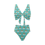Rainbow pattern green background Chest Bowknot High Waisted Bikini Swimsuit