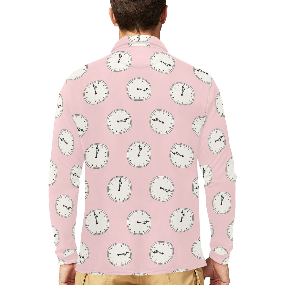 Clock pattern pink blackground Men's Long Sleeve Polo Shirt