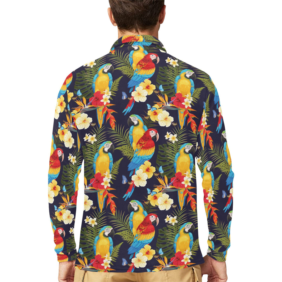 Colorful parrot flower pattern Men's Long Sleeve Polo Shirt