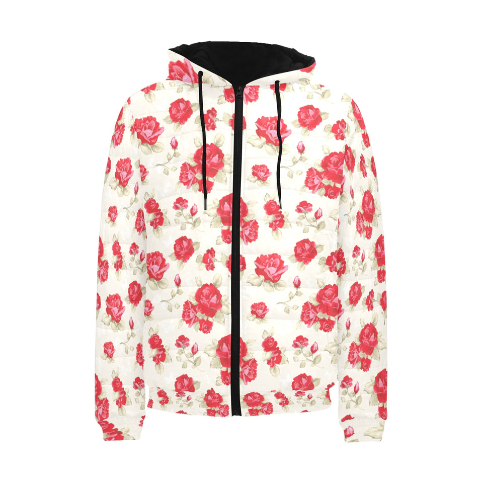 Rose Pattern Print Design 01 Men's Padded Hooded Jacket