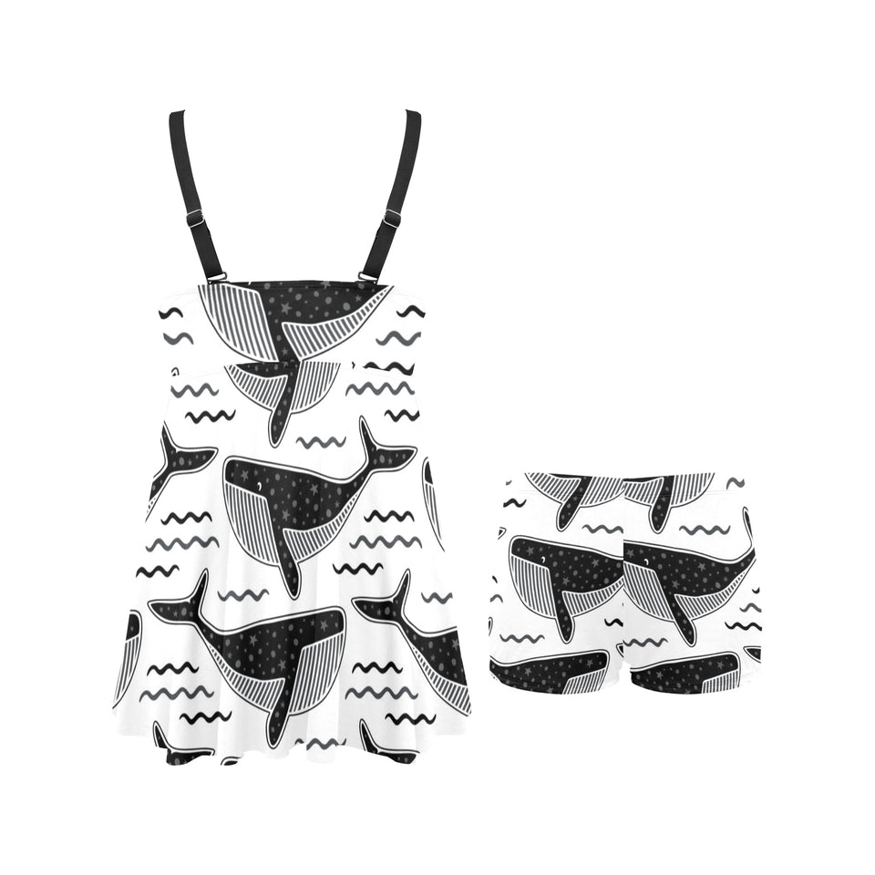 Black whale pattern Chest Sexy Pleated Two Piece Swim Dress