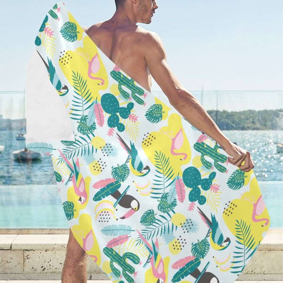 Cute parrot toucan flamingo cactus exotic leaves p Beach Towel