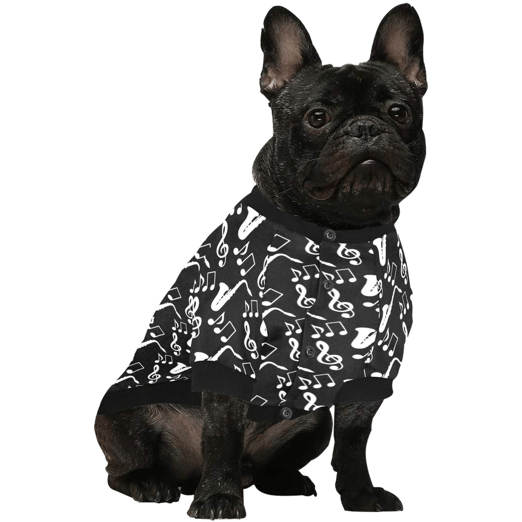 Saxophone music notes treble clef black white them All Over Print Pet Dog Round Neck Fuzzy Shirt