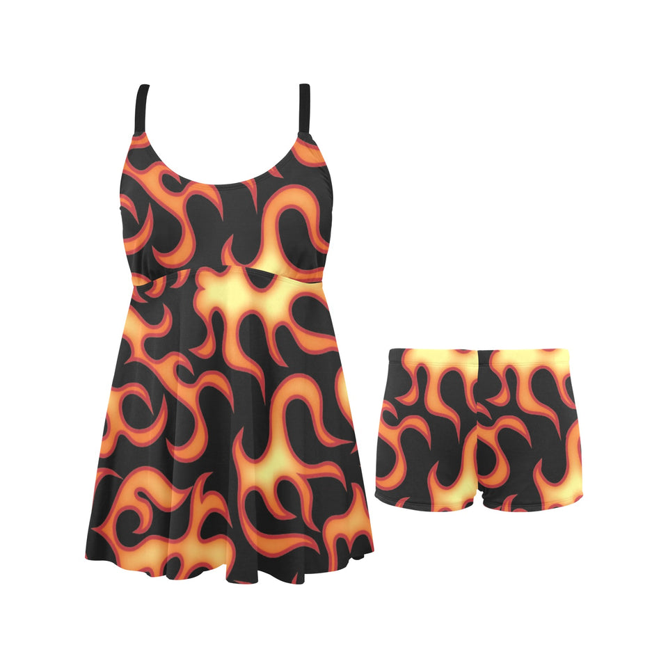 Fire flame dark pattern Chest Sexy Pleated Two Piece Swim Dress