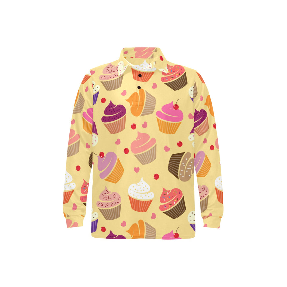 cake cupcake heart cherry pattern Men's Long Sleeve Polo Shirt