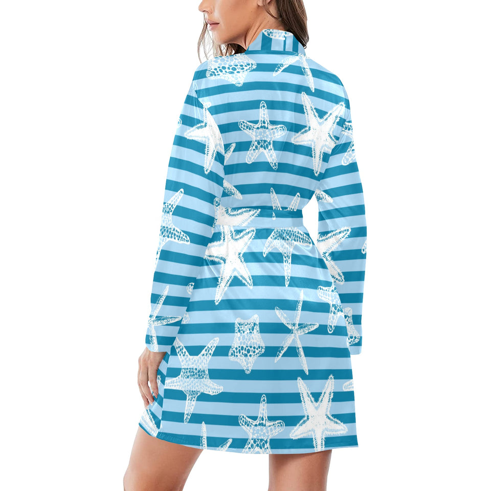 Starfish blue blackground Women's Long Sleeve Belted Night Robe