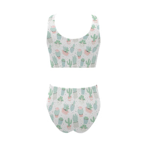 Pastel color cactus pattern Chest Bowknot High Waisted Bikini Swimsuit