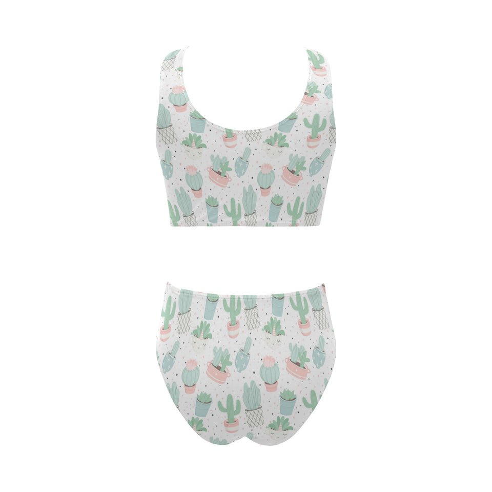 Pastel color cactus pattern Chest Bowknot High Waisted Bikini Swimsuit