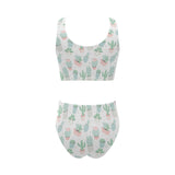 Pastel color cactus pattern Chest Bowknot High Waisted Bikini Swimsuit