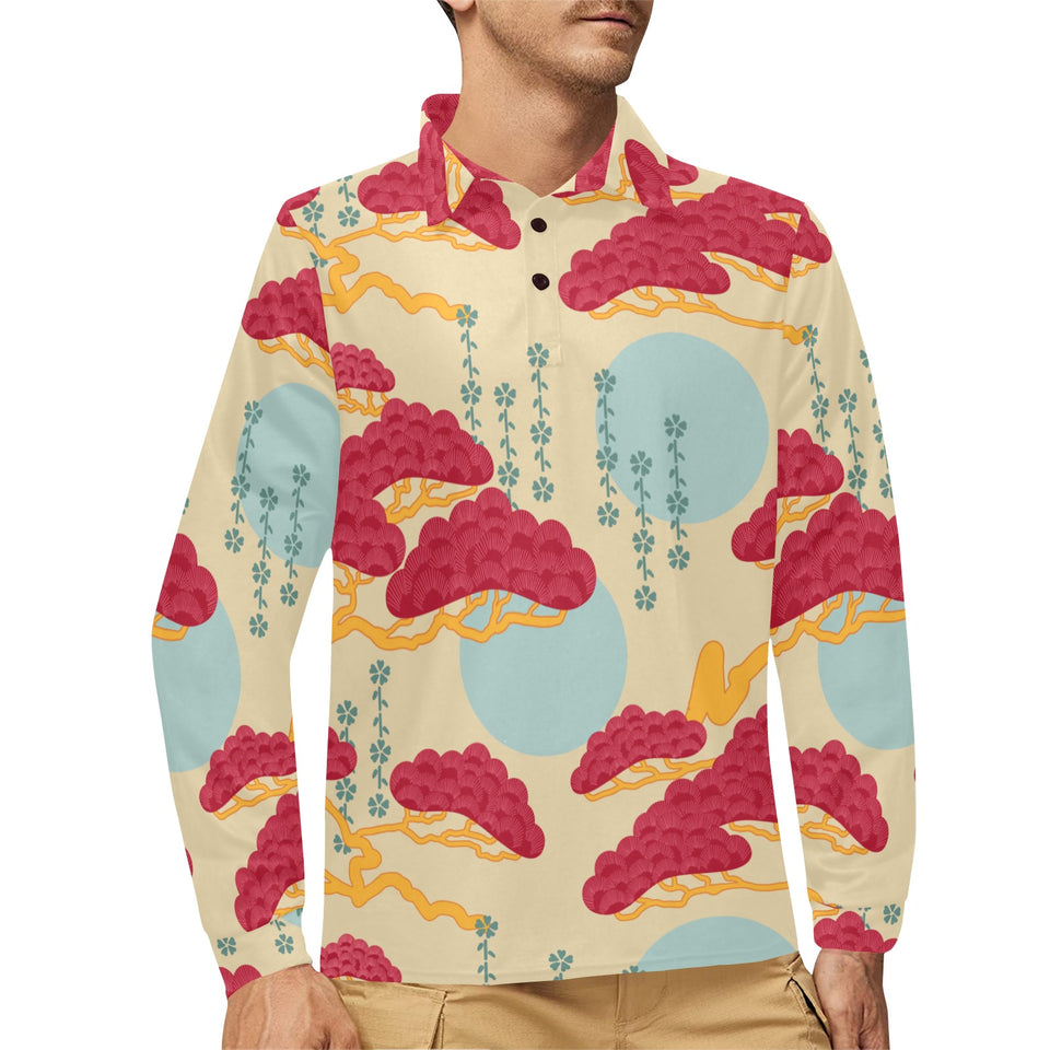Red Bonsai gray sun japanese pattern Men's Long Sleeve Polo Shirt