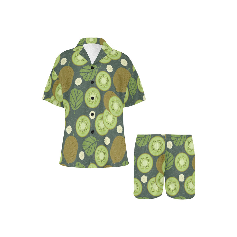 Whole sliced kiwi leave and flower Women's V-Neck Short Pajama Set