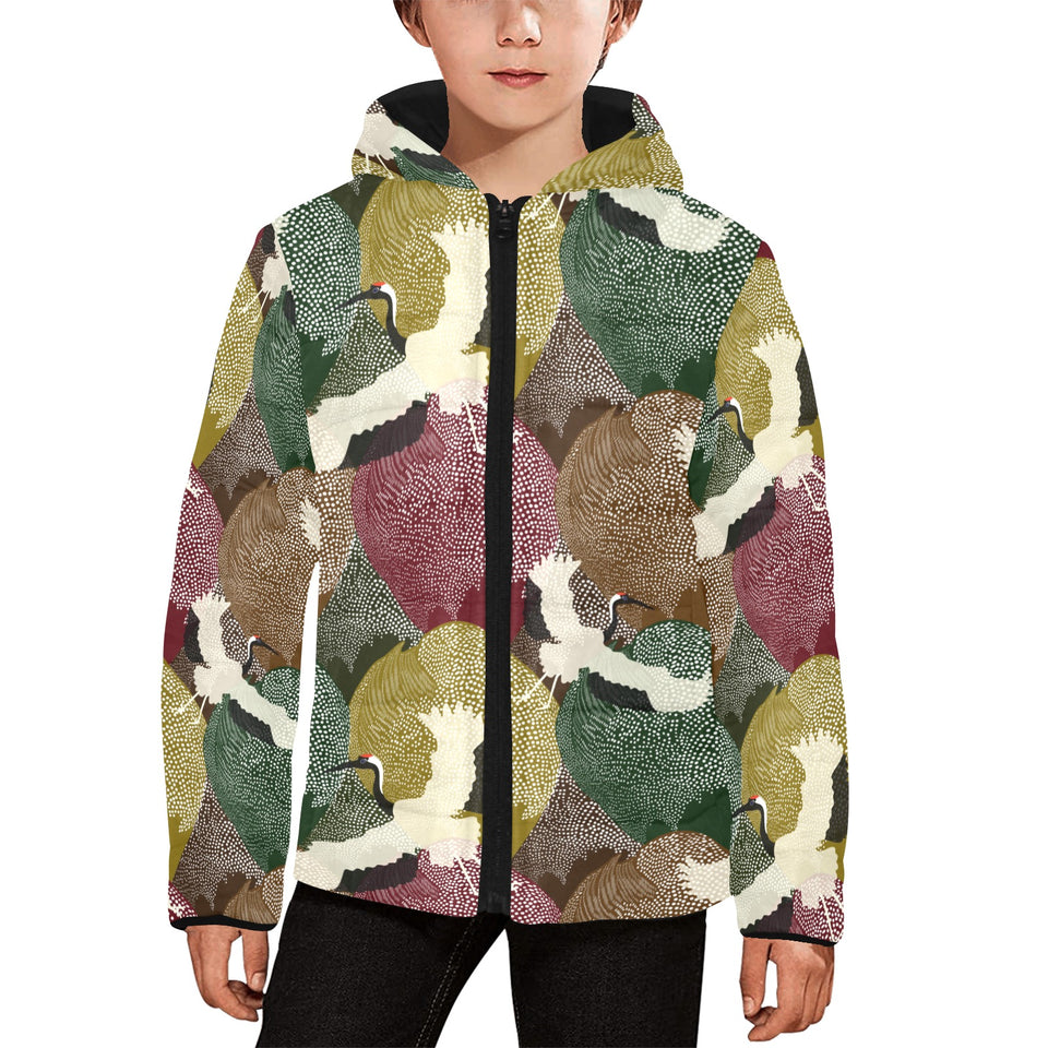 Japanese cranes flying forest dot pattern Kids' Boys' Girls' Padded Hooded Jacket