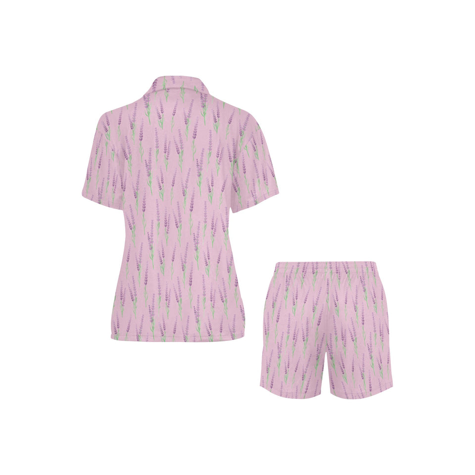 Lavender pattern pink background Women's V-Neck Short Pajama Set