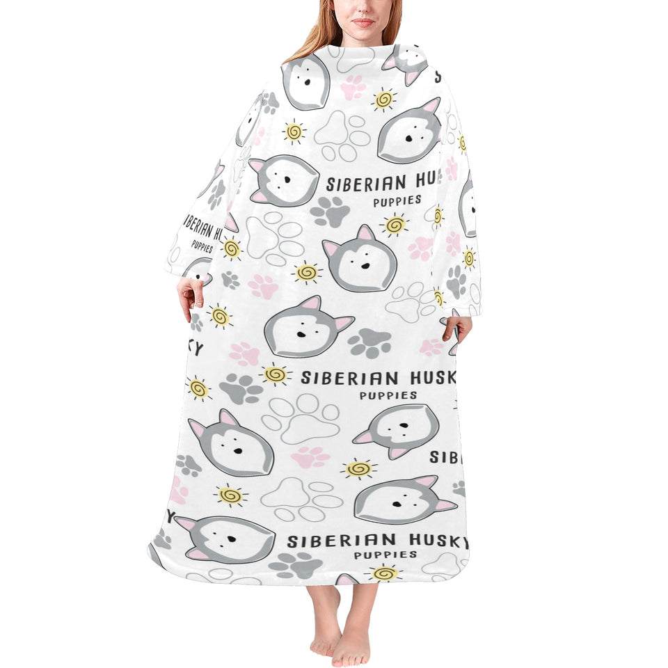 Siberian Husky design pattern Blanket Robe with Sleeves