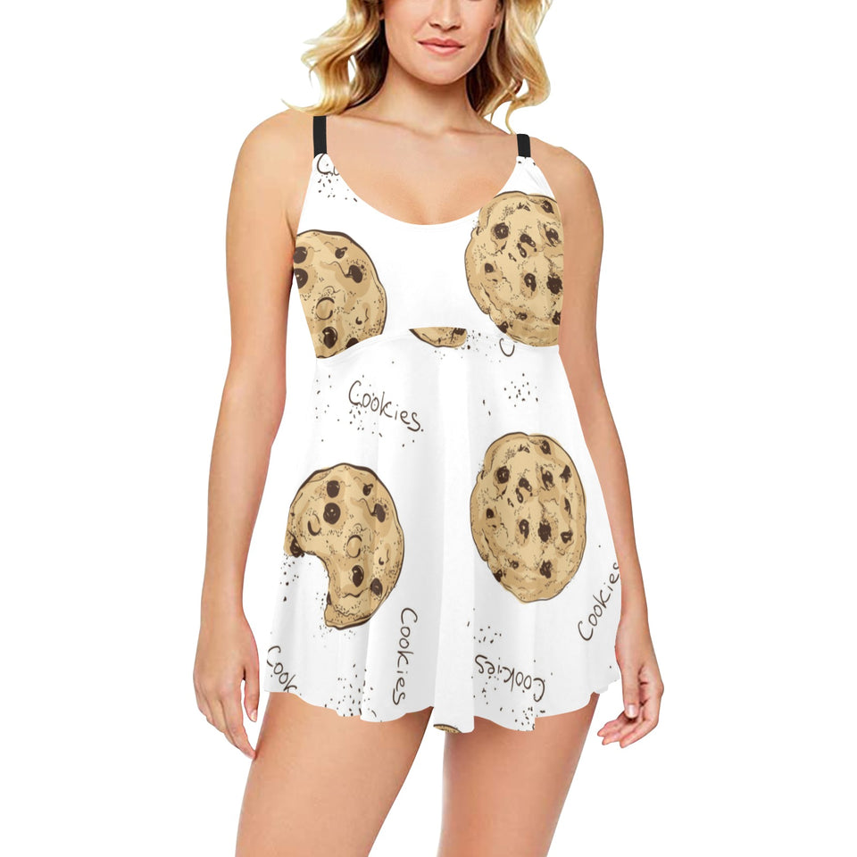 Sketch style cookie pattern Chest Sexy Pleated Two Piece Swim Dress