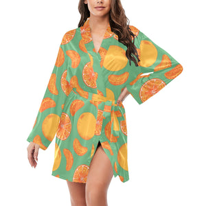 orange fruit pattern green background Women's Long Sleeve Belted Night Robe