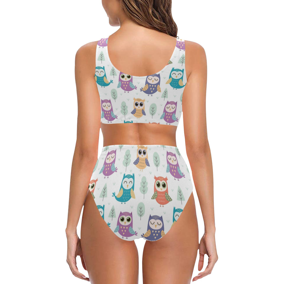 Cute owl pattern Chest Bowknot High Waisted Bikini Swimsuit