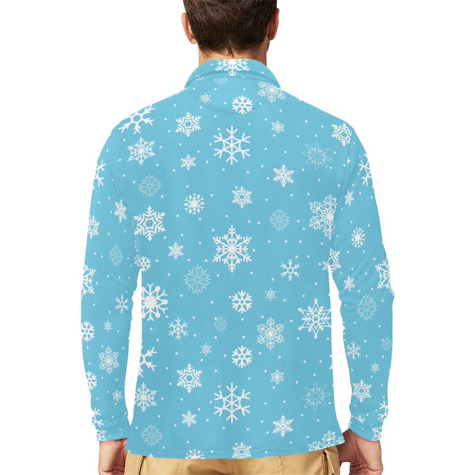 Snowflake pattern blue background Men's Long Sleeve Polo Shirt
