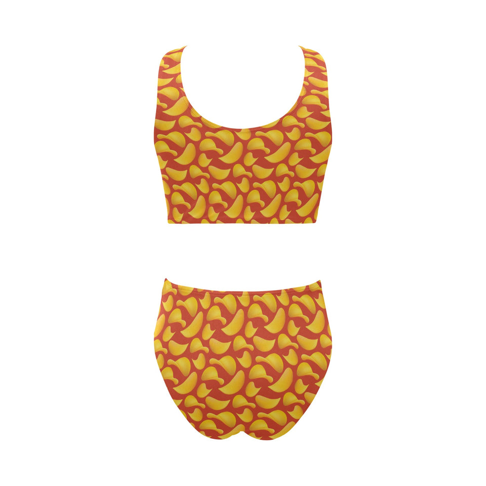 Potato Chips Pattern Print Design 05 Chest Bowknot High Waisted Bikini Swimsuit