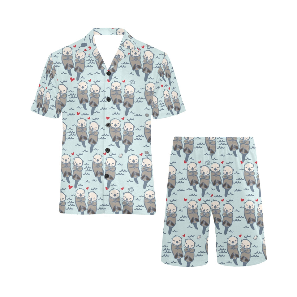 Lovely Sea Otter Pattern Men's V-Neck Short Pajama Set