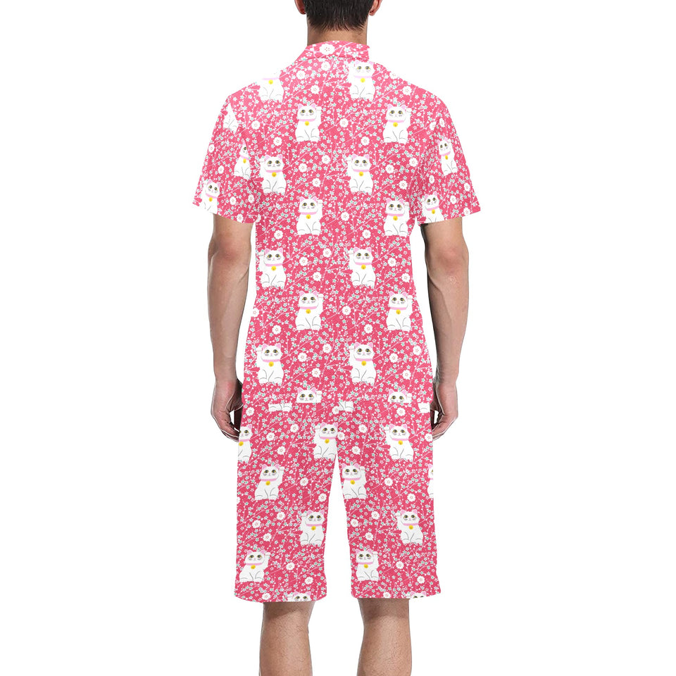 Maneki neko cat sakura pink background Men's V-Neck Short Pajama Set