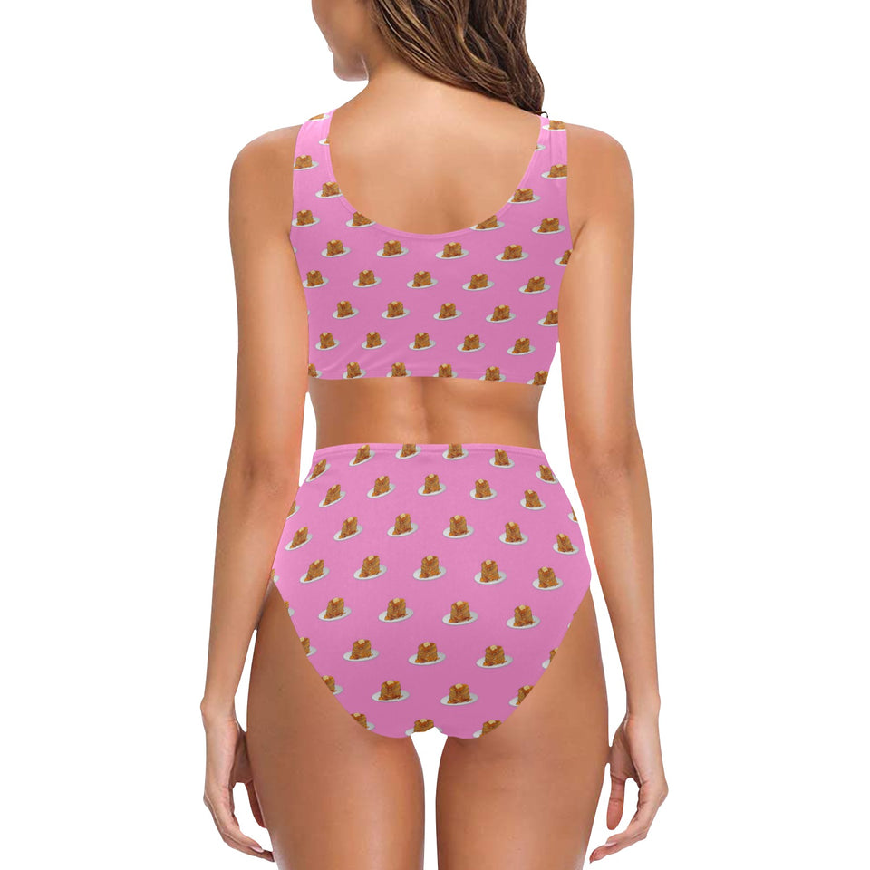 Pancake Pattern Print Design 04 Chest Bowknot High Waisted Bikini Swimsuit