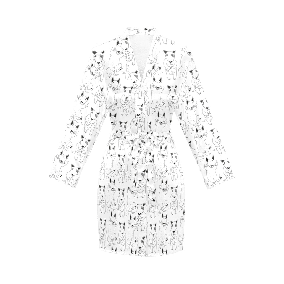Bull Terrier Pattern Print Design 02 Women's Long Sleeve Belted Night Robe