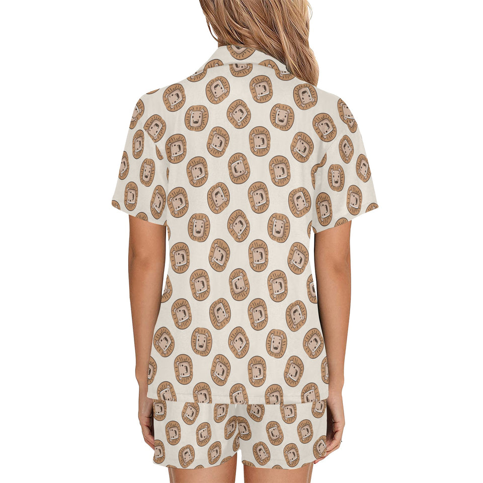 Lion Pattern Print Design 01 Women's V-Neck Short Pajama Set