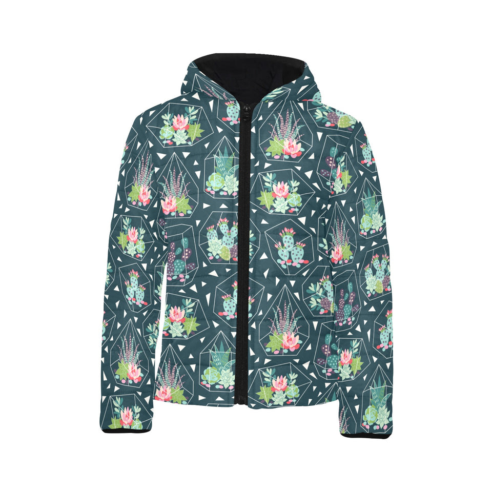 Cactus glass terrarium pattern Kids' Boys' Girls' Padded Hooded Jacket