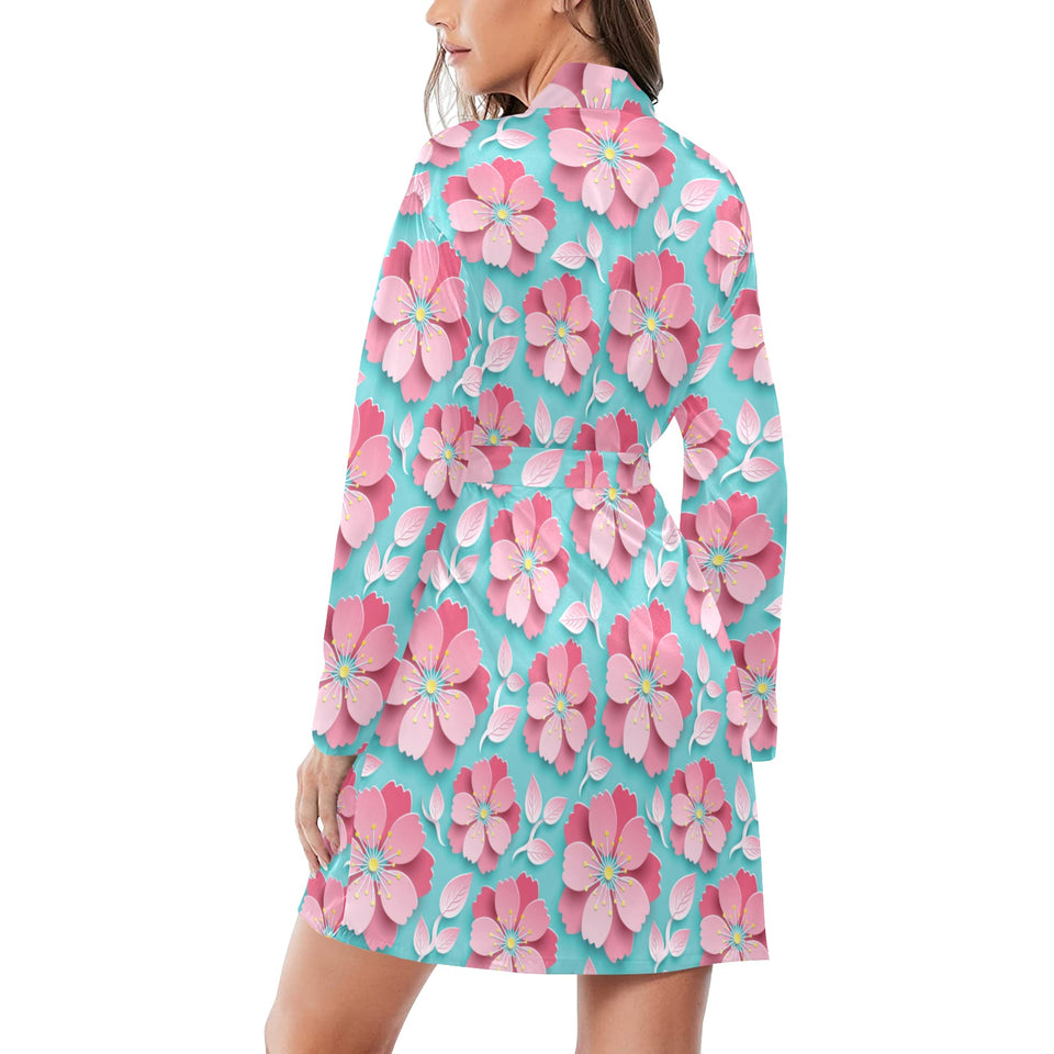 3D sakura cherry blossom pattern Women's Long Sleeve Belted Night Robe