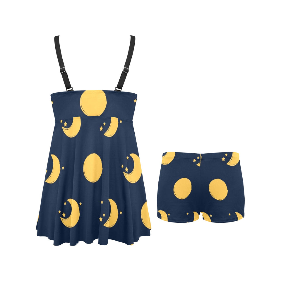 Moon star pattern Chest Sexy Pleated Two Piece Swim Dress