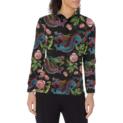 Dragons flower pattern Women's Long Sleeve Polo Shirt