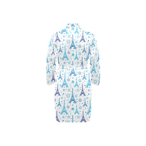 Blue Eiffel Tower Theme Pattern Print Design 01 Men's Long Sleeve Belted Night Robe