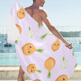 cute onions smiling faces purple background Beach Towel