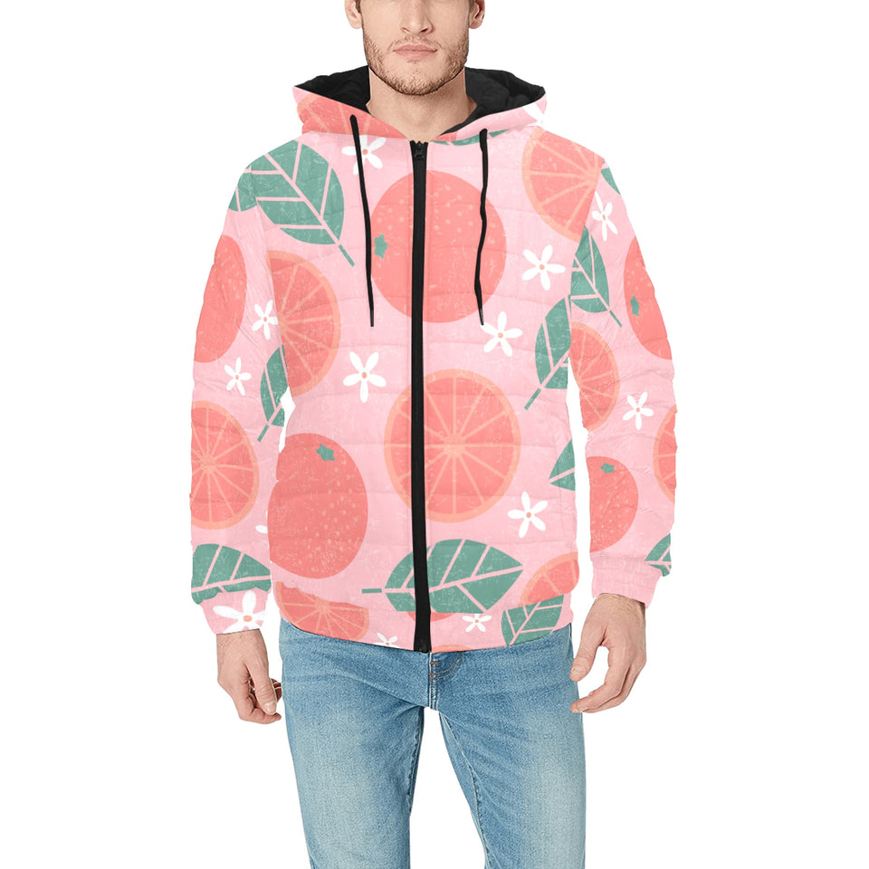 Grapefruit leaves flower pink background Men's Padded Hooded Jacket