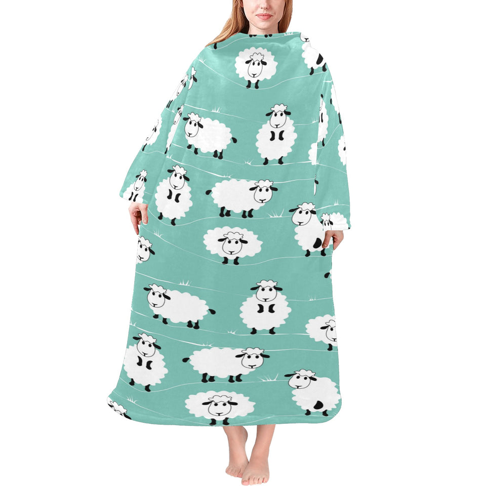 Cute sheep green background Blanket Robe with Sleeves