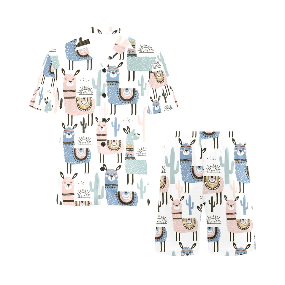 lama Alpaca cactus hand drawn pattern Men's V-Neck Short Pajama Set