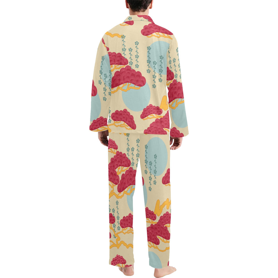 Red Bonsai gray sun japanese pattern Men's Long Pajama Set