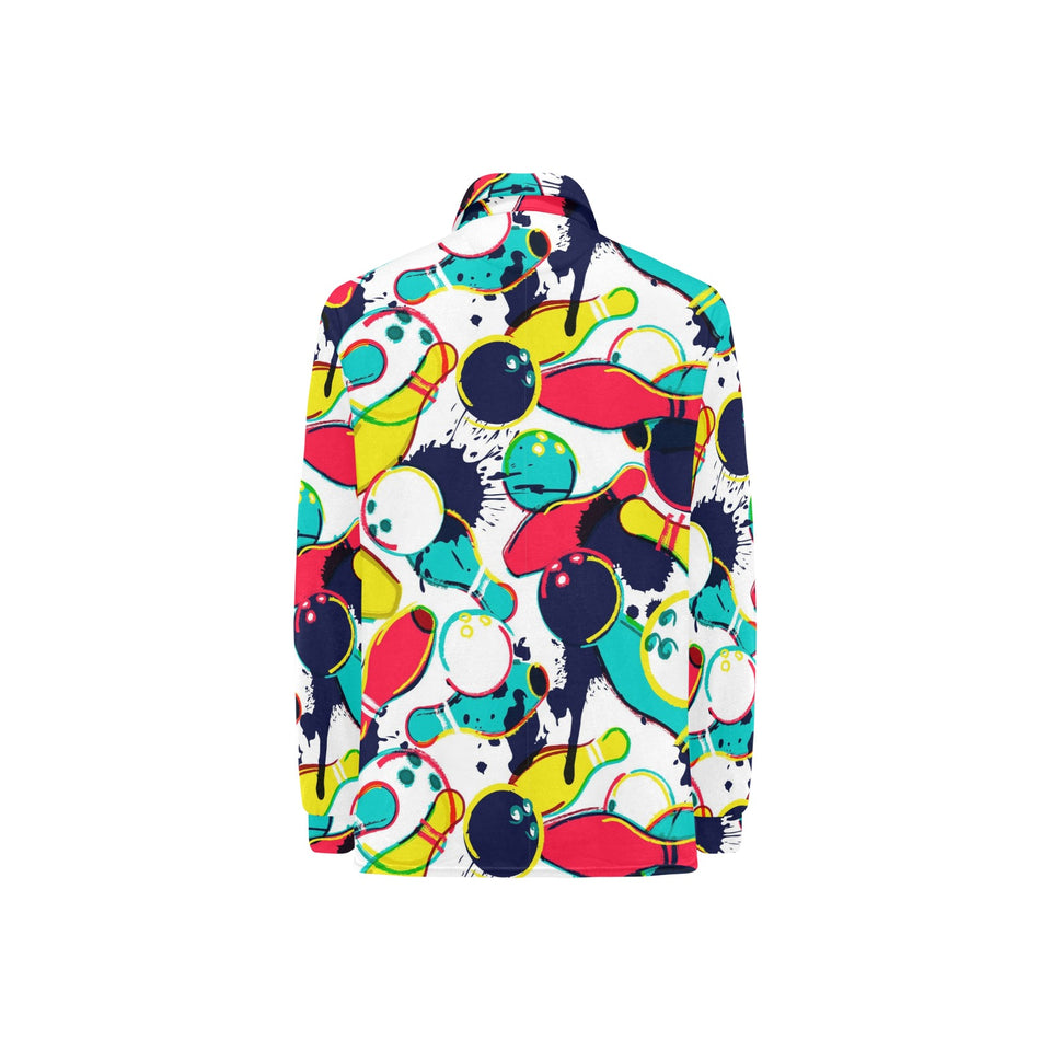 watercolor bowling ball pins Women's Long Sleeve Polo Shirt