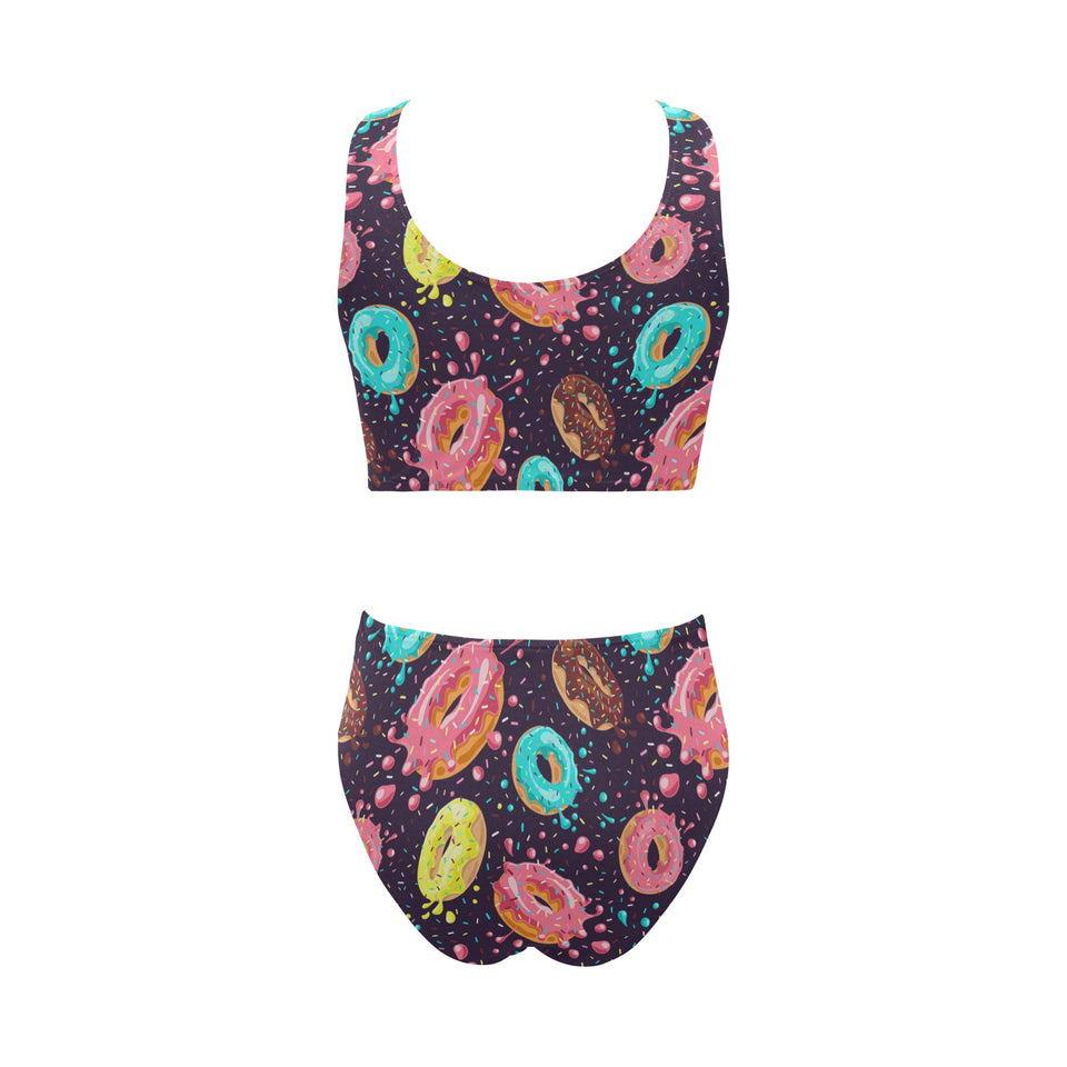 Colorful donut glaze pattern Chest Bowknot High Waisted Bikini Swimsuit