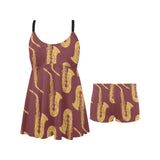 Hand drawn gold saxophone red background Chest Sexy Pleated Two Piece Swim Dress