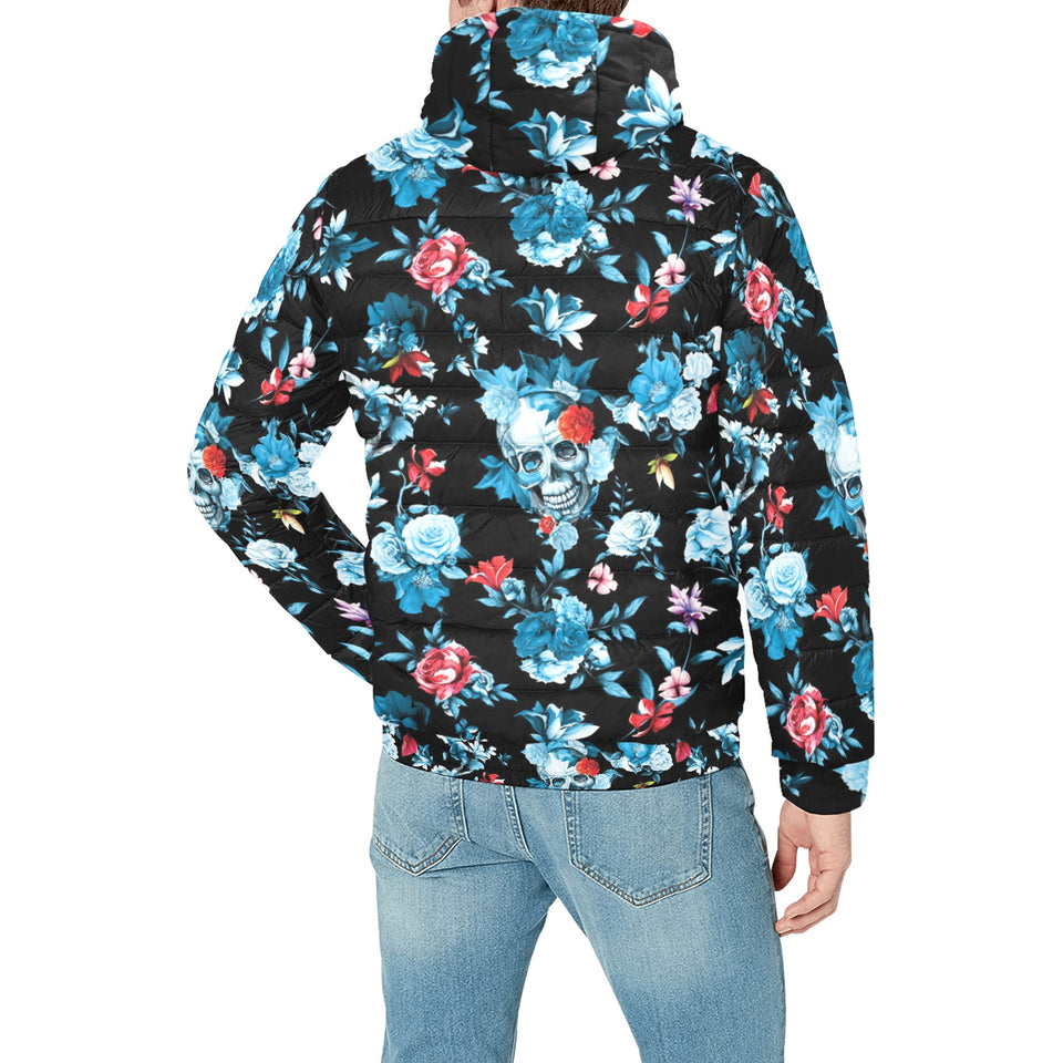 Skull flower roses leave pattern Men's Padded Hooded Jacket