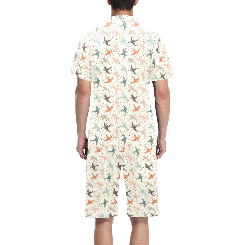 Swallow Pattern Print Design 02 Men's V-Neck Short Pajama Set